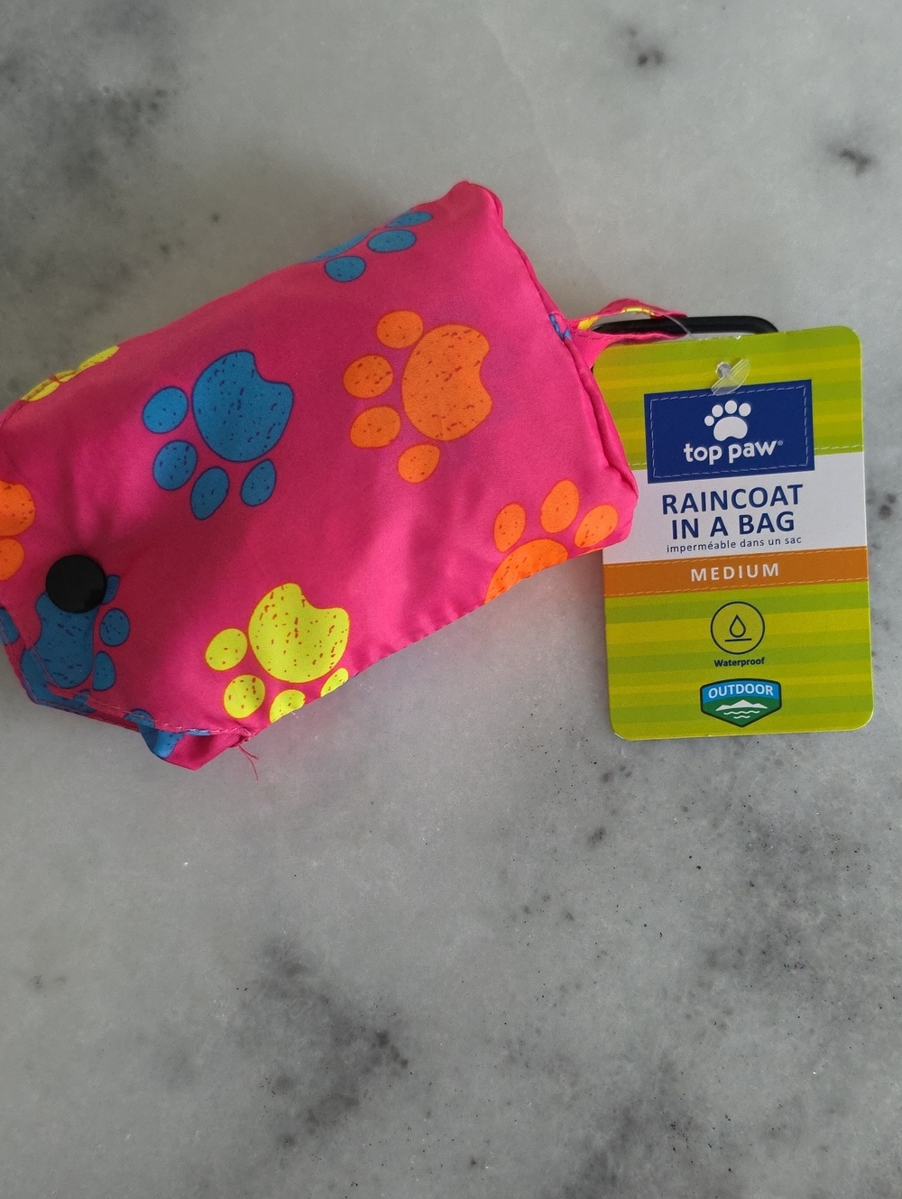 Top Paw Hot Pink Packable Raincoat with Blue, Yellow & Orange Paw Prints
